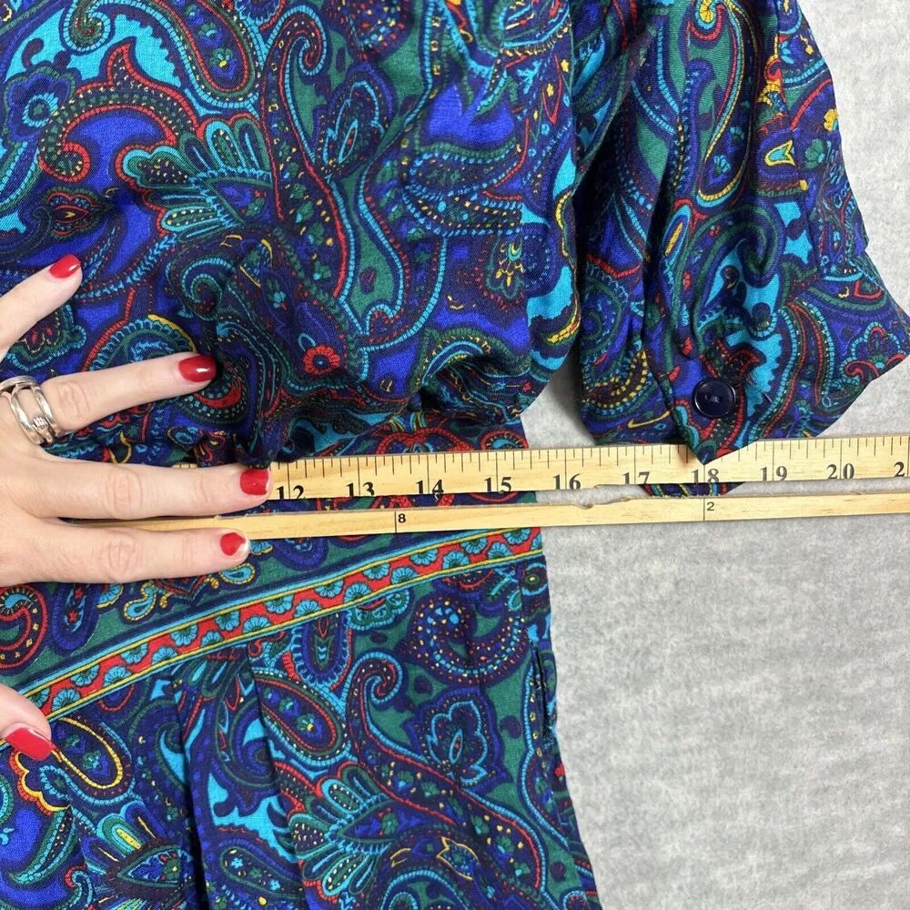 70s‎ Dress M/L Hippy Paisley Vintage Floral Boho Maxi Long Sleeve Blue Purple